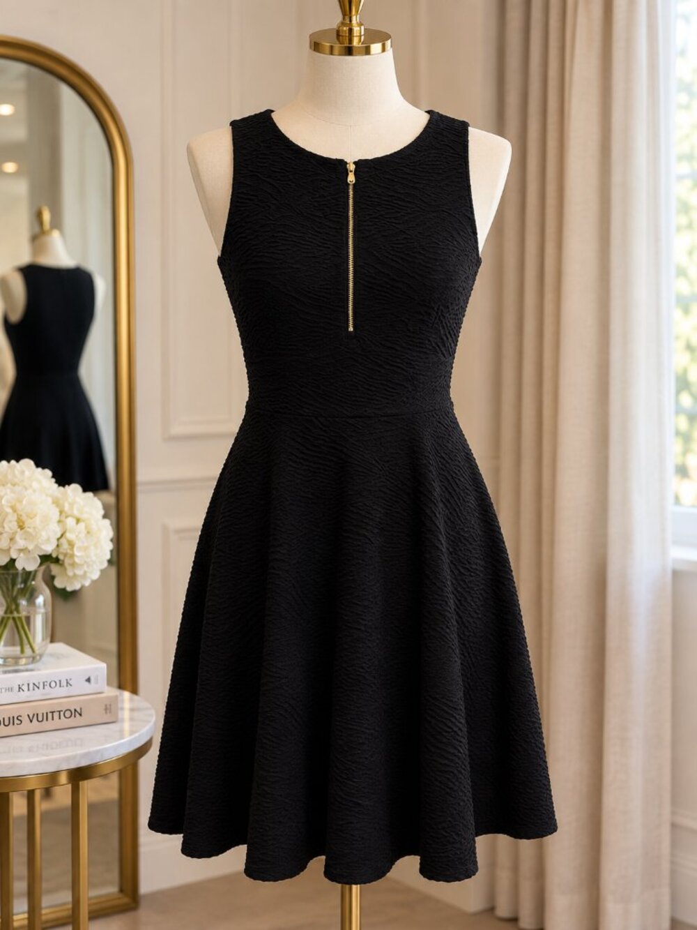 Calvin Klein Navy Blue Textured Fit and Flare Dress Gold Zipper Size 10